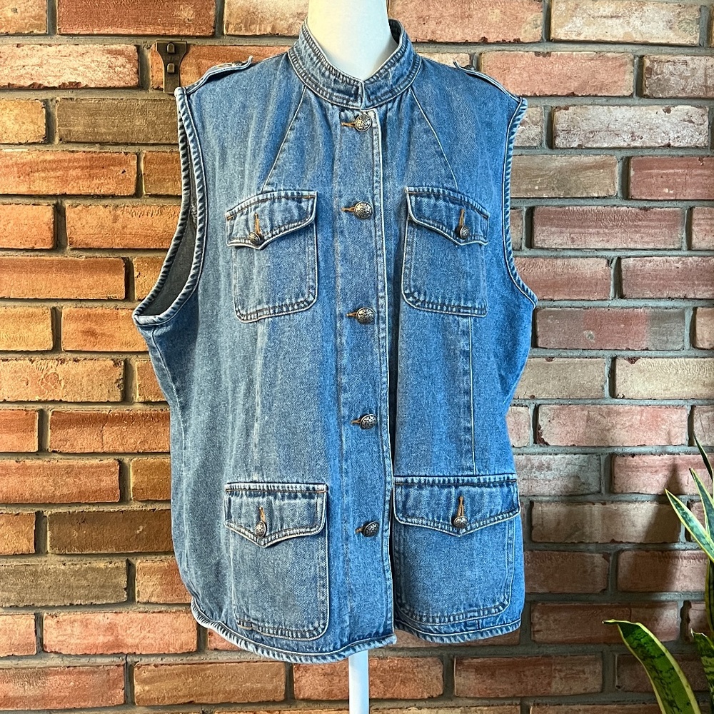 SGS Studio Button Up Jean Vest with Pockets, Band Collar, & Beautiful Se…
